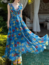 Load image into Gallery viewer, 2PS Blue Floral Print V-Neck Ruffles Maxi Dress with Cardigan Set