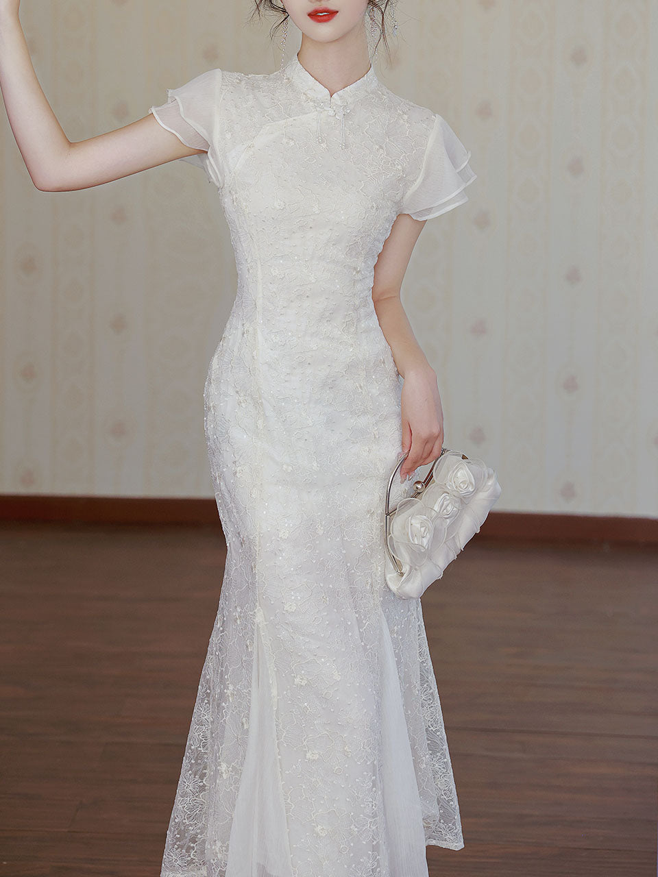 White Lace Ruffle Sleeve Sequined Fishtail Cheongsam Fishtail Wedding Dress, White / M White Lace Ruffle Sleeve Sequined Fishtail Cheongsam Fishtail Wedding Dress, White / M