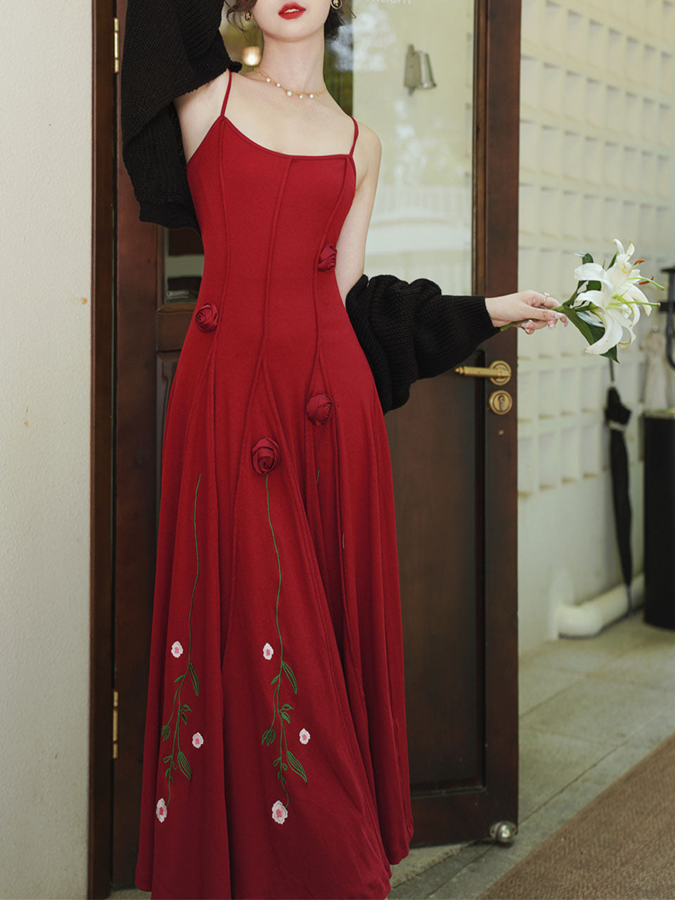 Red Rose Handmade Flower Spaghetti Strap Swing Engagement Party Dress Jolly Vintage Red Rose Handmade Flower Spaghetti Strap Swing Engagement Party Dress Jolly Vintage