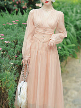 Load image into Gallery viewer, Champagne V Neck Long Sleeve Corset Vintage 1950S Dress