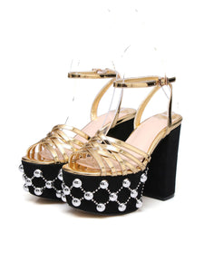 12CM Women's Open Toe Platform with Rivets Chunky Heel Sandals Leather Vintage Shoes
