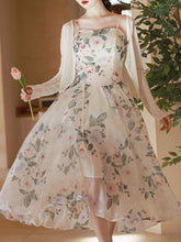 Load image into Gallery viewer, 2PS White Knitted Cardigan With Rose Print Spaghetti Strap 50S Vintage Dress Set