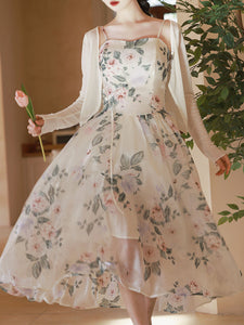 2PS White Knitted Cardigan With Rose Print Spaghetti Strap 50S Vintage Dress Set