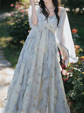 Load image into Gallery viewer, Women's Fairycore Butterfly Maxi Dress Glitter Ruffle Halter Prom Gown with Sheer Shrug