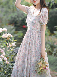 Pink Lace Floral Print Puff Sleeve Fairy Corecottage Dress