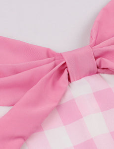 Pink And White Plaid Halter Off Shoulder Bow Barbie Retro Dress