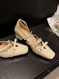 Women's Square Toe Bow Chunky Heel Leather Vintage Shoes