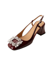 Load image into Gallery viewer, Women&#39;s  Round Toe Rhinestones Chunky Heel Sandals Leather Vintage Shoes
