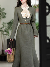 Load image into Gallery viewer, Light Grey Cascade Edwardian Revival Vintage Fishtail Dress
