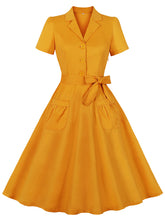 Load image into Gallery viewer, Yellow Turndown Collar Short Sleeve 1950S Vintage Dress With Belt