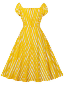 Yellow Polka Dots Cap Sleeve Short Sleeve 1950S Vintage Swing Dress