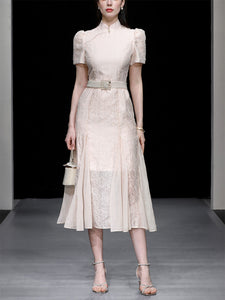 Apricot Stand Collar Mermaid Cheongsam Dress With Pearl Belt