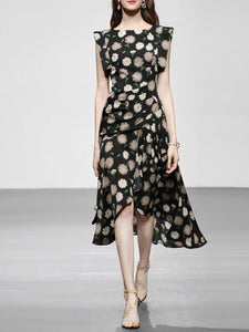 Black Floral Print Short Front Long Back Design Butterfly Sleeve 1940S Vintage Dress