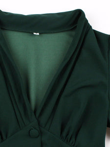 Dark Green V Neck Short Sleeve Vintage Swing Dress With Belt