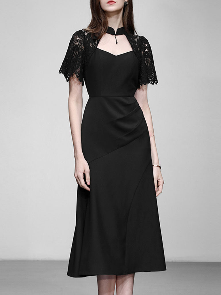 1950S Swing Queen Anne Lace Neckline Little Black Dress, Black / M 1950S Swing Queen Anne Lace Neckline Little Black Dress, Black / M