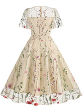 Load image into Gallery viewer, Wine Red Semi Mesh Flower Embroidered Short Sleeve 50S Swing Dress