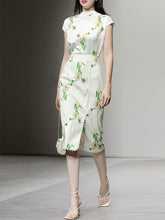 Load image into Gallery viewer, 2PS White Retro Stand Collar Satin Printed Top With Ribbon And Wrapped Skirt Suit