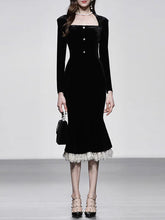 Load image into Gallery viewer, Black Square Neck Ruffle Velvet Fishtail Lace Vintage Dress