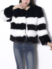 Load image into Gallery viewer, Black and White Stripes Faux Fur Long Sleeve Coat Women Winter Coat