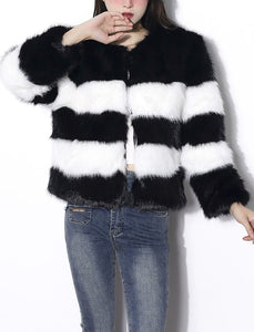 Black and White Stripes Faux Fur Long Sleeve Coat Women Winter Coat