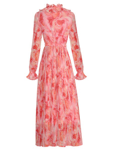 Pink Retro Palace Victorian Ruffles Long-sleeved Printed Maxi Dress