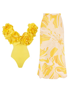 Yellow V Neck Flower One Piece With Bathing Suit Warp Skirt