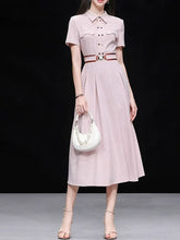 Load image into Gallery viewer, Women’s Apricot Pink Double-Breasted Belted Tunic Shirt Dress