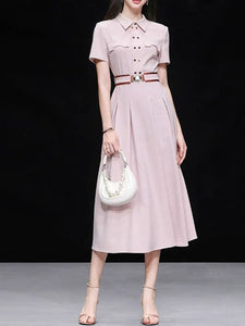 Women’s Apricot Pink Double-Breasted Belted Tunic Shirt Dress