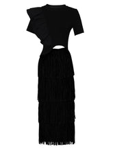 Load image into Gallery viewer, 2PS Black Ruffles Retro Short Sleeve T Shirt With Fringe Skirt Suits