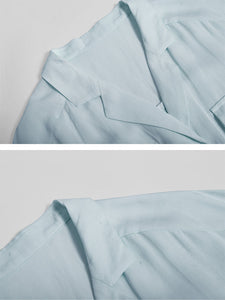 Baby Blue Lapel Collar Cotton And Linen Short Sleeve Workwear Jumpsuit