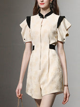 Load image into Gallery viewer, Apricot Jacquard Fabric Short Sleeve High Waist Jumpsuit