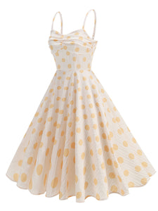 White and Yellow Polka Dots Spaghetti Strap 1950S Vintage Swing Dress