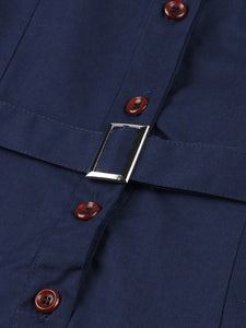 Navy Turndown Collar Plaid Short Sleeve 1950S Vintage Dress