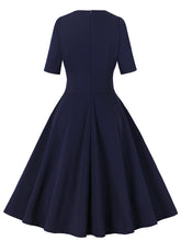 Load image into Gallery viewer, Navy V Neck Short Sleeve 1950S Vintage Dress
