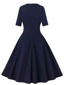 Navy V Neck Short Sleeve 1950S Vintage Dress