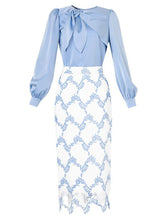 Load image into Gallery viewer, 2PS Blue Bow Collar Satin Shirt And Lace Mermaid Skirt Suit