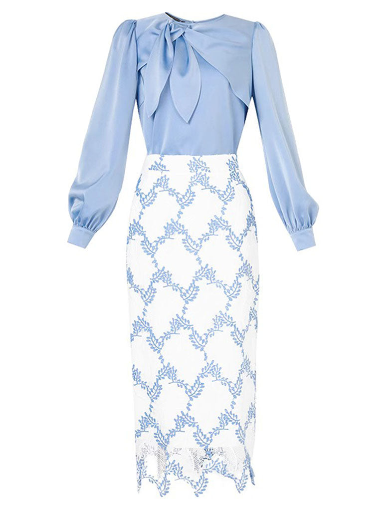 2PS Blue Bow Collar Satin Shirt And Lace Mermaid Skirt Suit