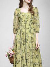 Load image into Gallery viewer, Mustard Yellow Square Neck Floral Print 1950S Vintage Swing Dress