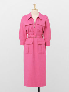 Nude Pink Turndown Collar Half Sleeve 1940S Vintage Dress With Pockets