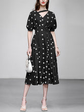 Load image into Gallery viewer, Black V Neck Balloon Sleeve Embroidered 1950S Vintage Dress