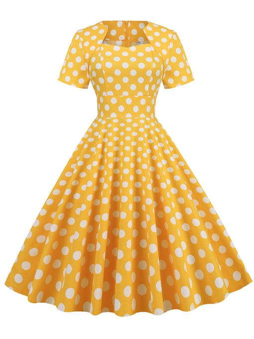 Yellow Polka Dots Sweet Heart Audrey Hepburn Style Cocktail Swing Dress