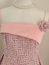 Load image into Gallery viewer, Pink Camellia Flower Spaghetti Strap Tweed Party Dress