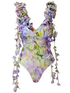 Yellow Ruffles Flowers One-piece Swimsuit With Bathing Suit Swing Skirt