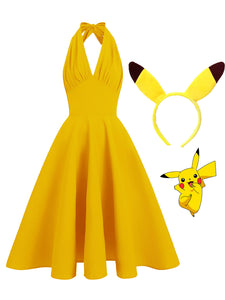 Yellow Pikachu Inspired Pokemon Halter Backless 1950S Vintage Dress with Headband