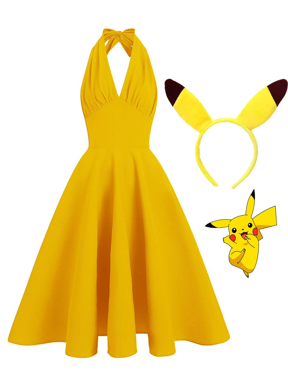 Yellow Pikachu Inspired Pokemon Halter Backless 1950S Vintage Dress with Headband