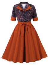 Load image into Gallery viewer, 1950s Brown Floral Print Plaid 3/4 Sleeve Vintage Swing Dress With Pocket