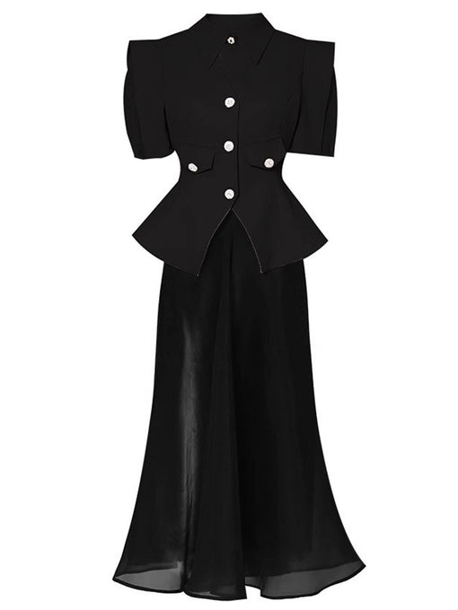2PS Black Wasp Waist  Puff Sleeve Top And Organza Skirt Set