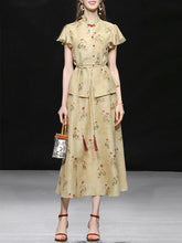 Load image into Gallery viewer, 2PS Brown Floral Print Ruffled Sleeve Shirt With Swing Skirt Set