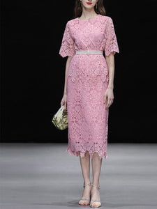 2PS Sweet Pink Crew Neck Lace Mermaid Skirt Suit With Pearl Belt