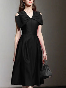 Rose Luxury Bow V Neck High Waist Swing Party Dress